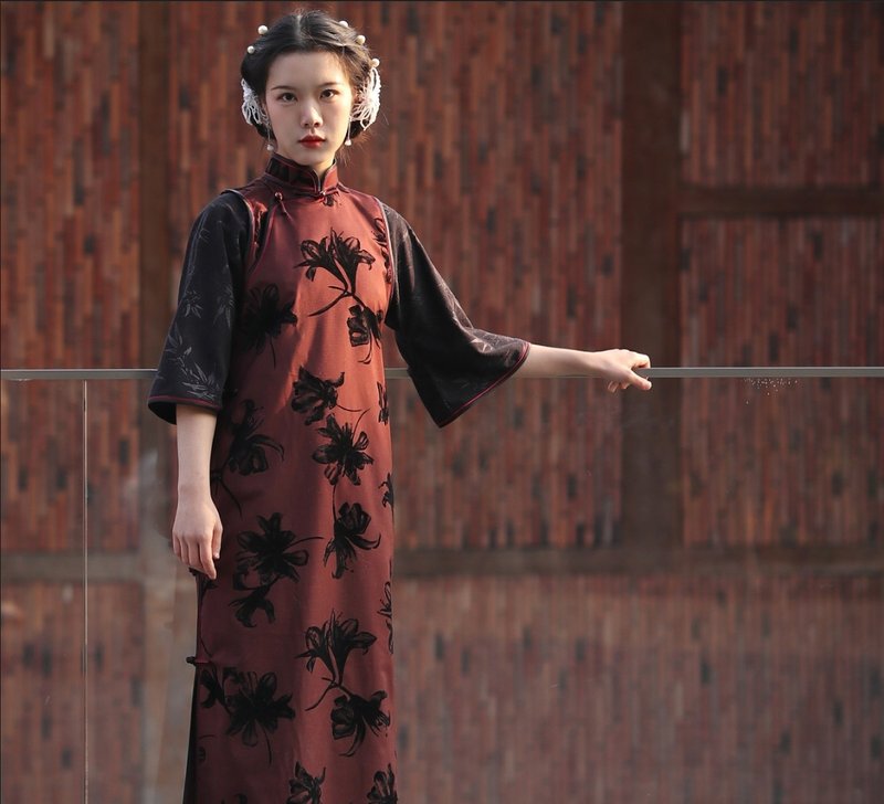 【微醺百合】民国复古风 植绒百合花 倒大袖假两件旗袍 - 洋装/连衣裙 - 其他材质 红色