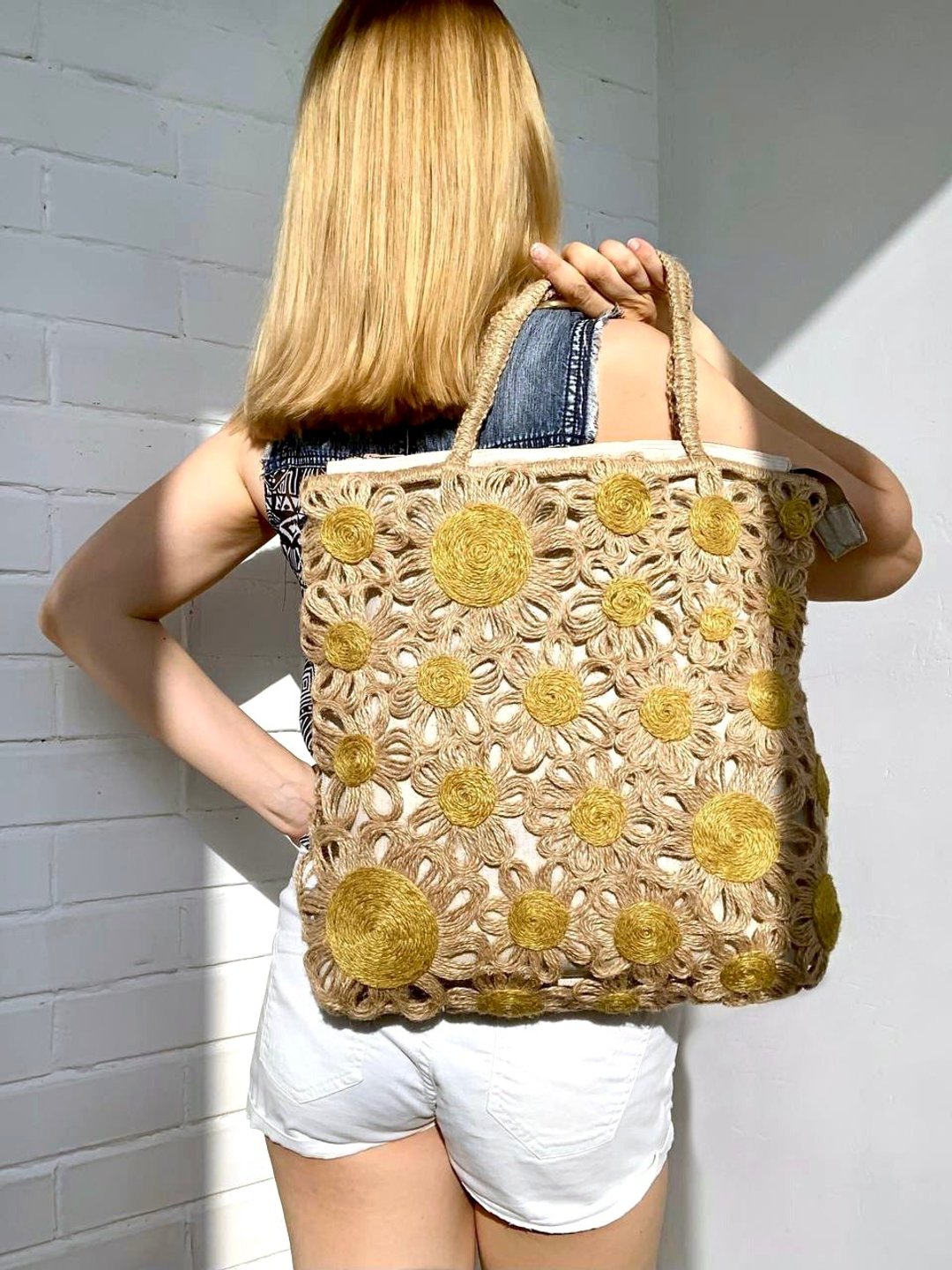 Eco jute Daisy bag Macrame shopping tote bag Handwoven farmer handbag Net bag - 手提包/手提袋 - 棉 咖啡色