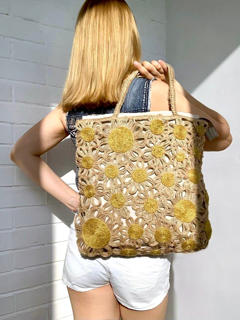 Eco jute Daisy bag Macrame shopping tote bag Handwoven farmer handbag Net bag - 手提包/手提袋 - 棉．麻 咖啡色