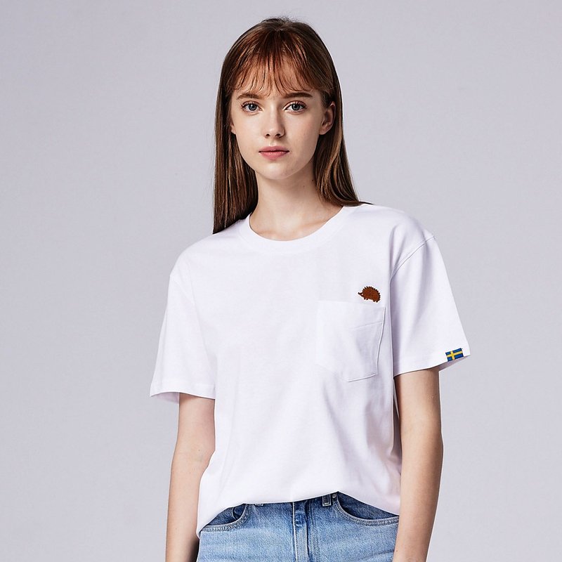 小刺猬在口袋上立体印刷100%纯棉短T-极简白(白) - 女装 T 恤 - 棉．麻 