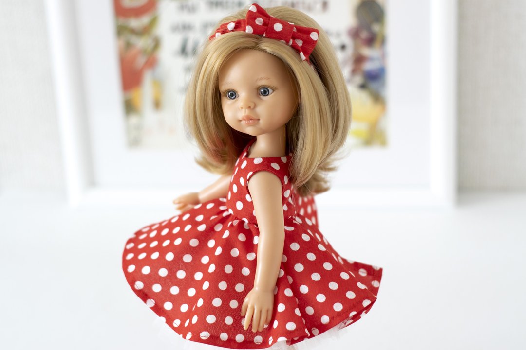 Red Polka Dot dress for doll Paola Reina, Siblies, Little Darling (33 cm/13 inch - 玩偶/公仔 - 棉．麻 红色