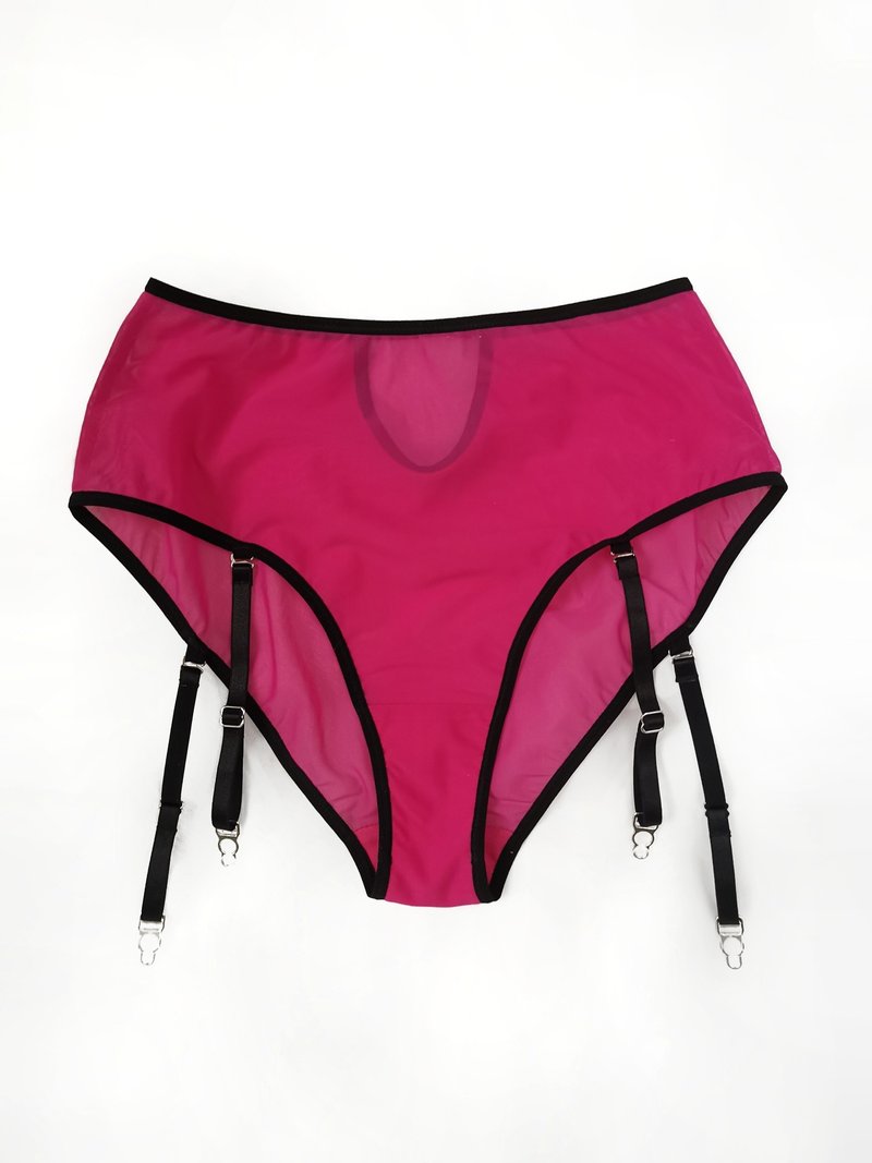 热情桃红高腰缕空内裤，配有可拆式吊袜带与对比色滚边 - 女士内衣裤 - 聚酯纤维 粉红色