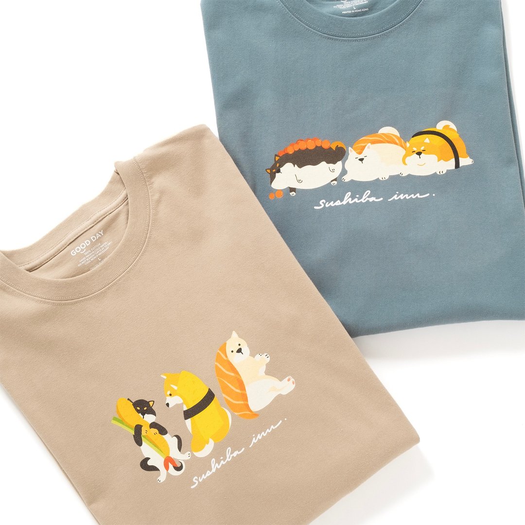 【GOOD DAY】柴犬寿司图案 Tee - 卡其色//灰蓝色 (ZT1552) - 男装上衣/T 恤 - 棉 卡其色