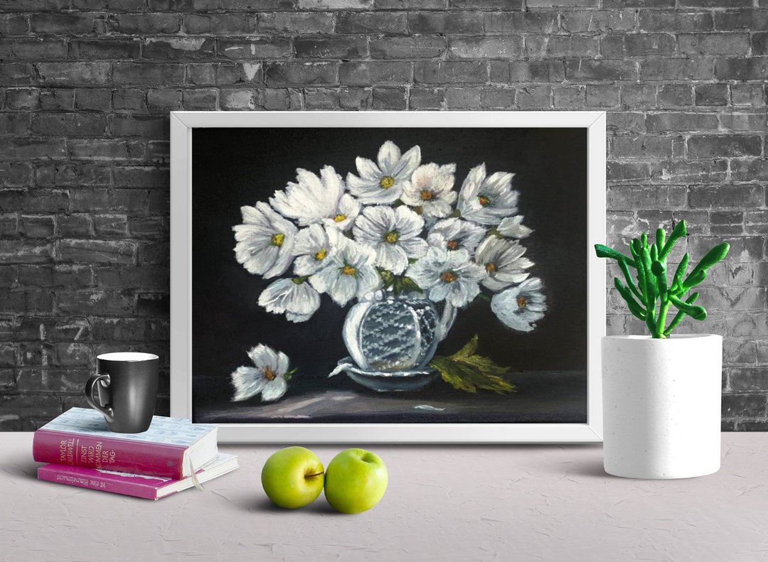 在黑色背景上的白色花瓶中描绘白色花朵的油画大小 尺寸为25x30 - 摆饰 - 其他材质 黑色