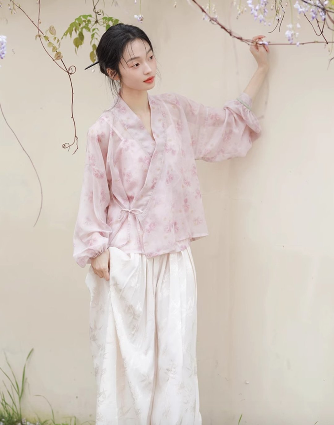 满庭芳 新中式复古轻薄外套 高腰裙裤 背心套装 - 女装上衣 - 其他材质 粉红色