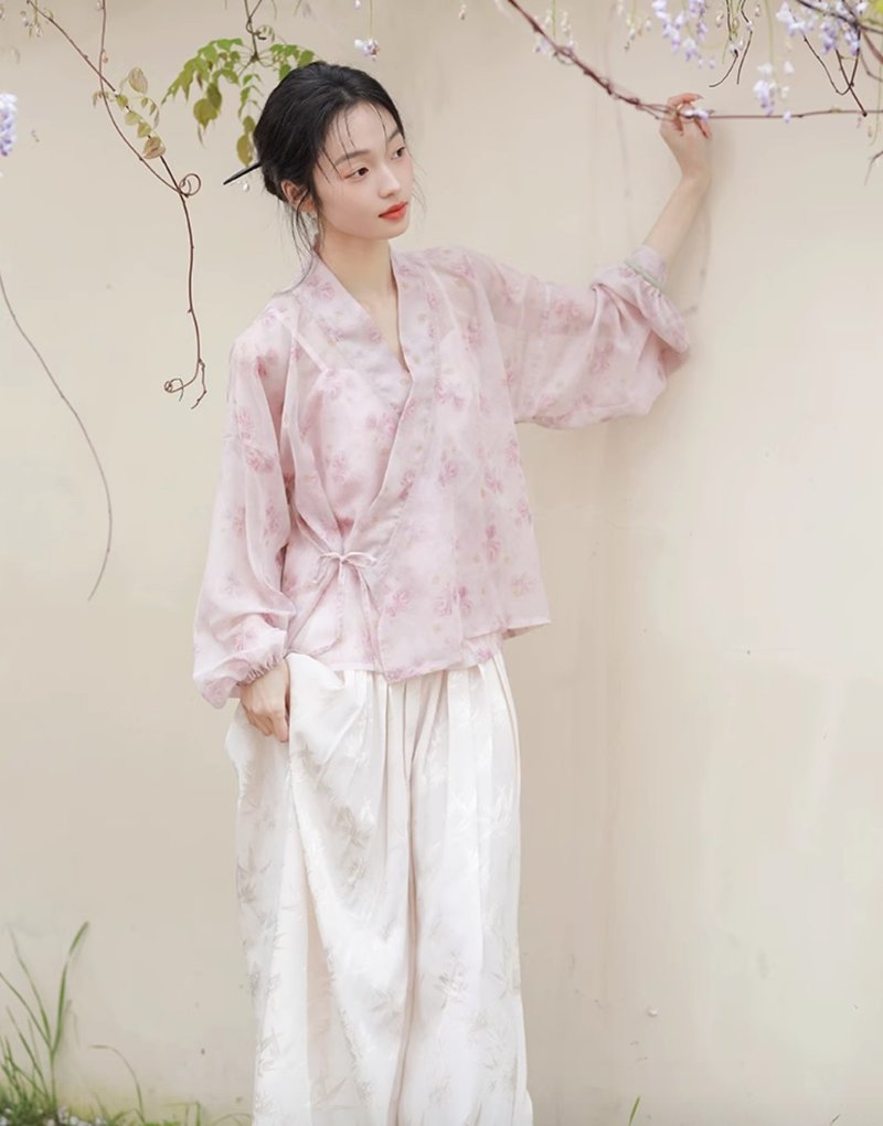 满庭芳 新中式复古轻薄外套 高腰裙裤 背心套装 - 女装上衣 - 其他材质 粉红色
