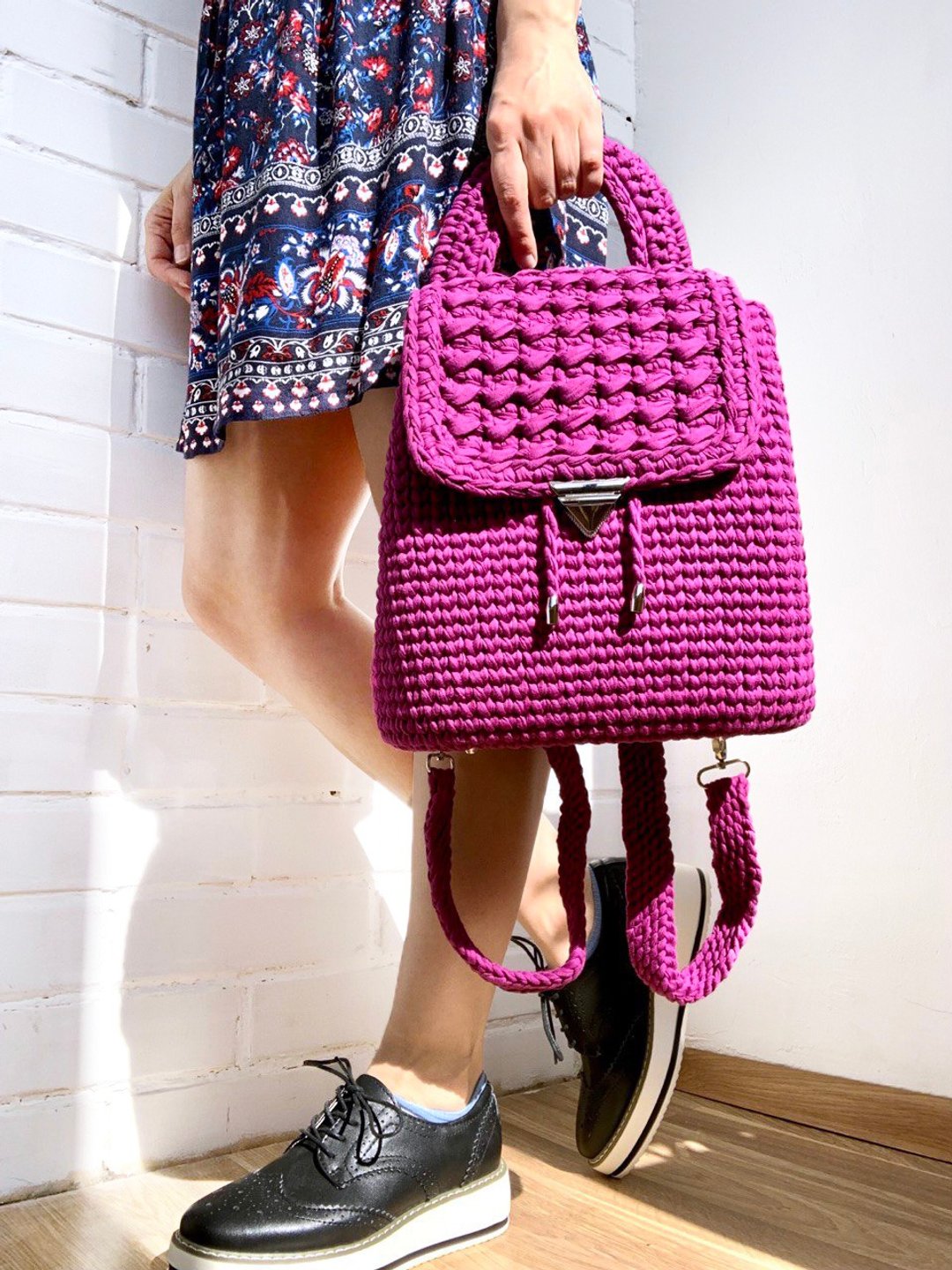 Designer crochet backpack T-shirt yarn bag Cute cotton backpack Crocheted bag - 手提包/手提袋 - 棉．麻 紫色