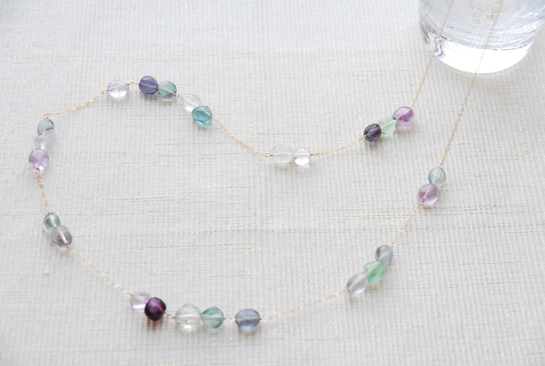 Flourite colorful polka dot necklace 14kgf - 项链 - 半宝石 多色
