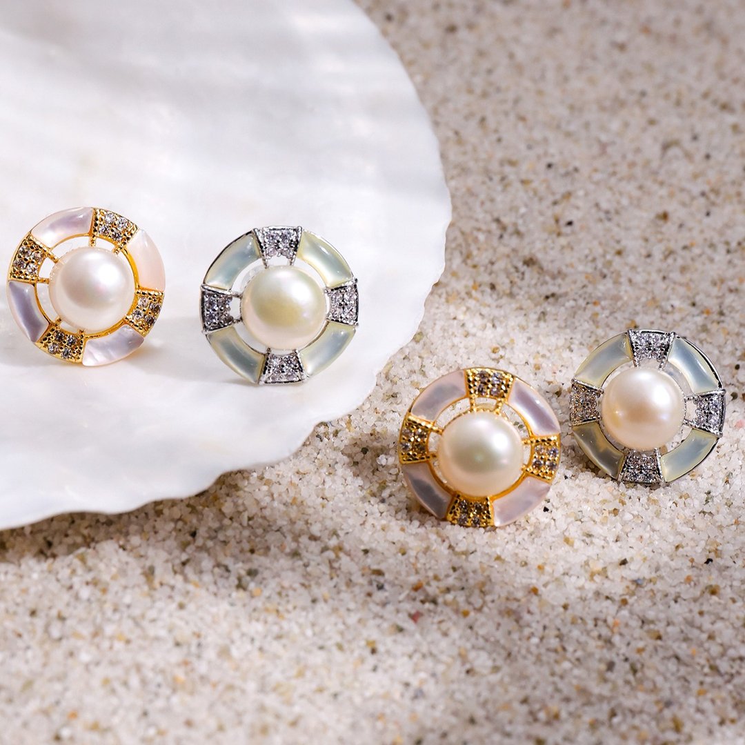 白色淡水珍珠耳环耳钉 8-9mm 金色/银色白贝耳钉 S458 - 耳环/耳夹 - 珍珠 白色