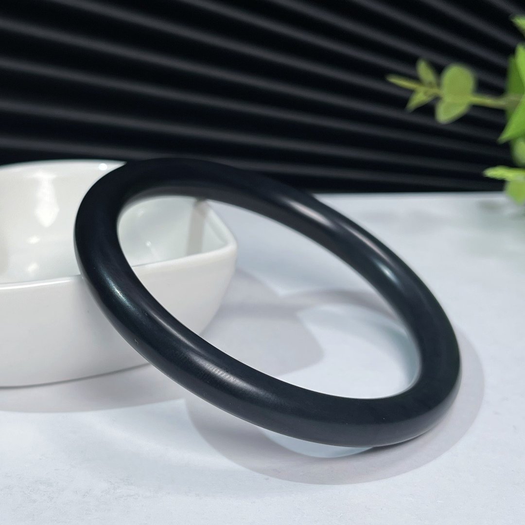 毕业级 和田玉墨玉手镯59MM 老料黑色羊脂玉手环 附证书 古意盎然 - 手链/手环 - 玉石 黑色
