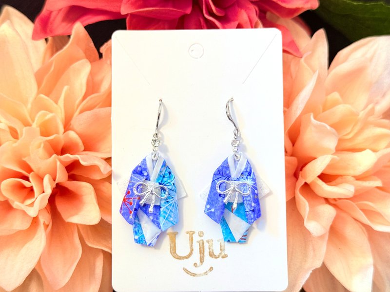 蓝色友禅和纸和服耳环 - 耳环/耳夹 - 纸 蓝色