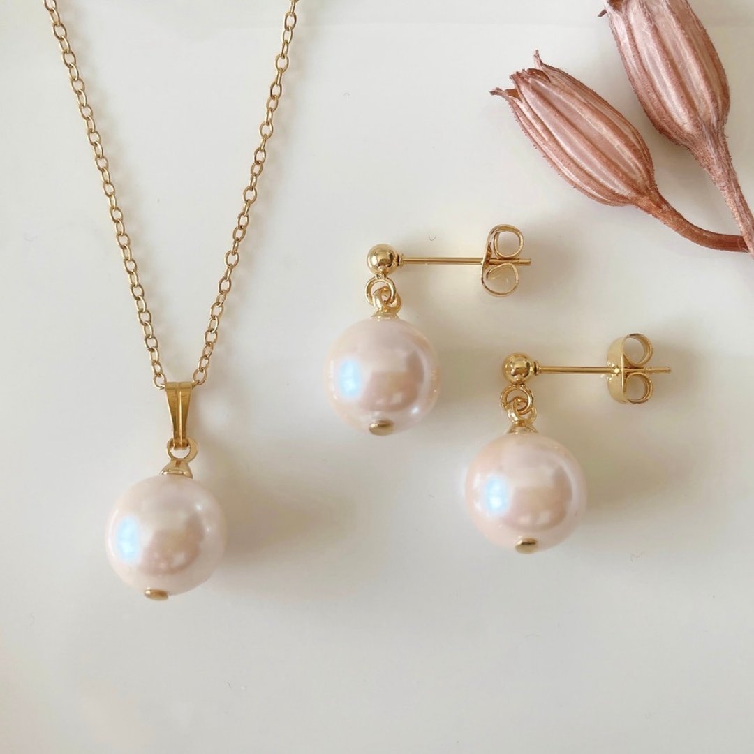 Pinkoi 代购 - 日本复古玻璃珍珠 项链&耳环套组 10mm ivory 色 - 项链 - 其他金属 卡其色