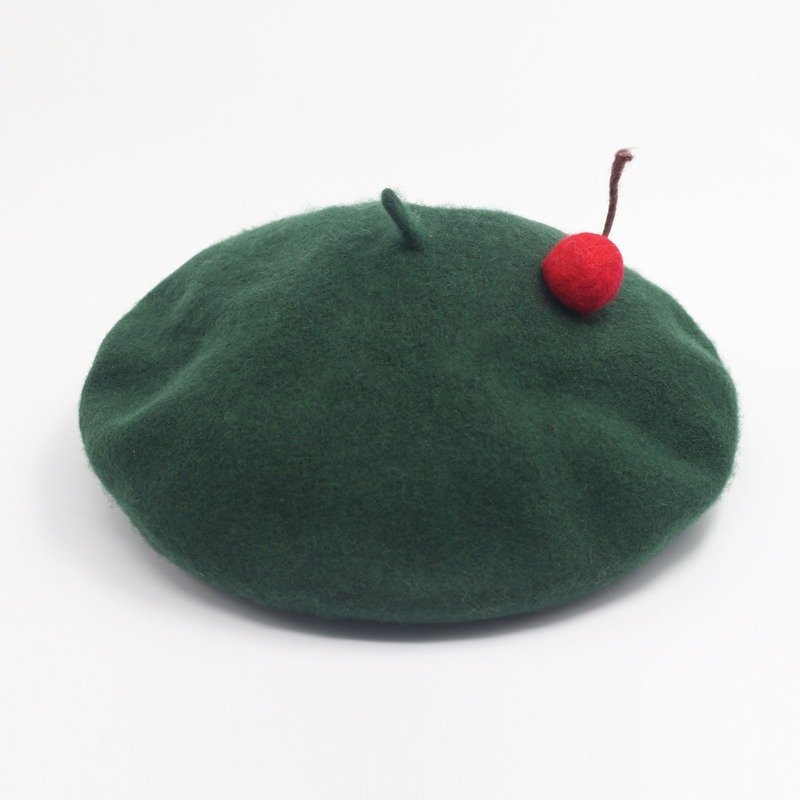 轲人原创设计手工樱桃帽子女韩版贝雷帽秋冬纯羊毛保暖甜美可爱 - 帽子 - 羊毛 多色