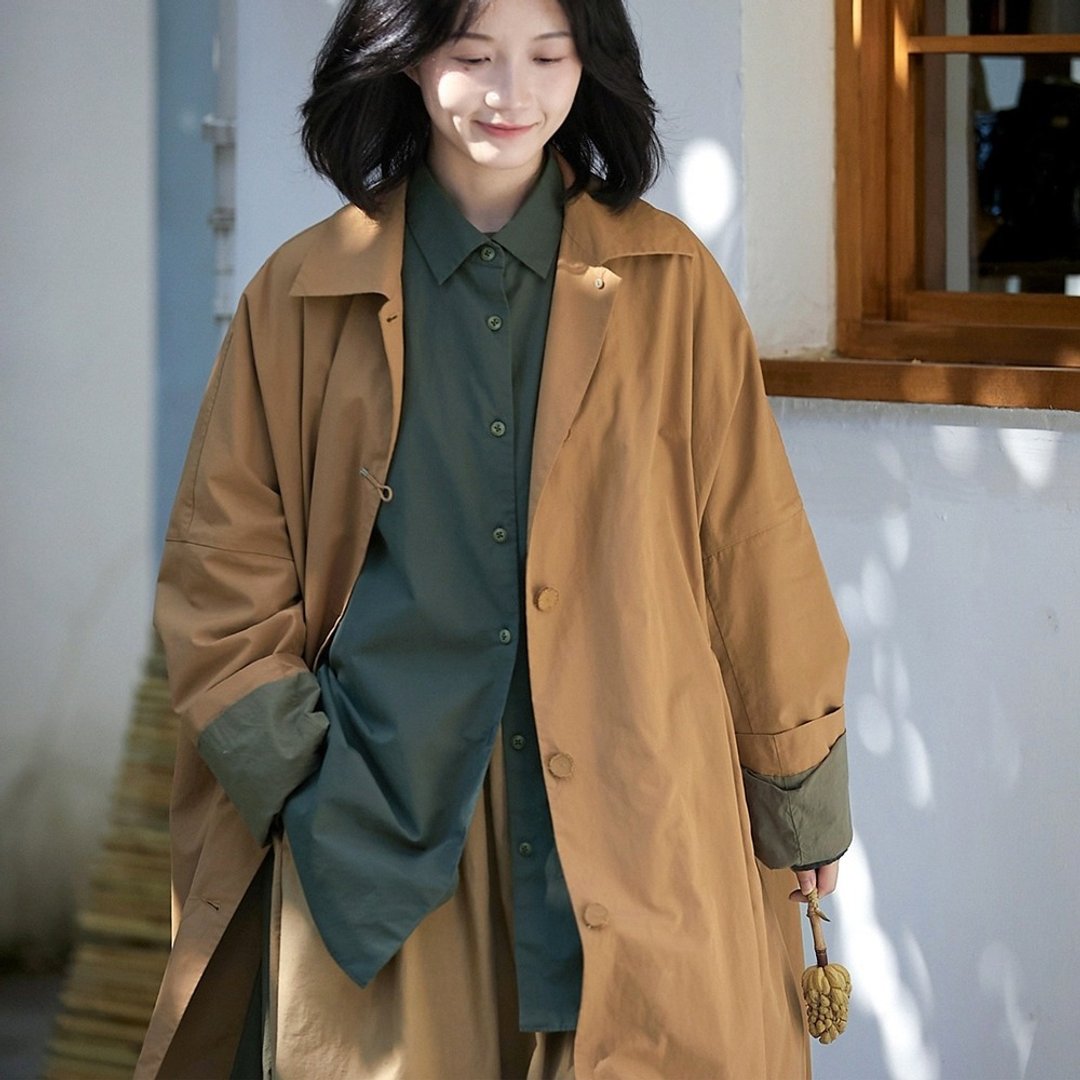 褐色长绒棉布宽松开襟长袖风衣外套 - 女装西装外套/风衣 - 棉 