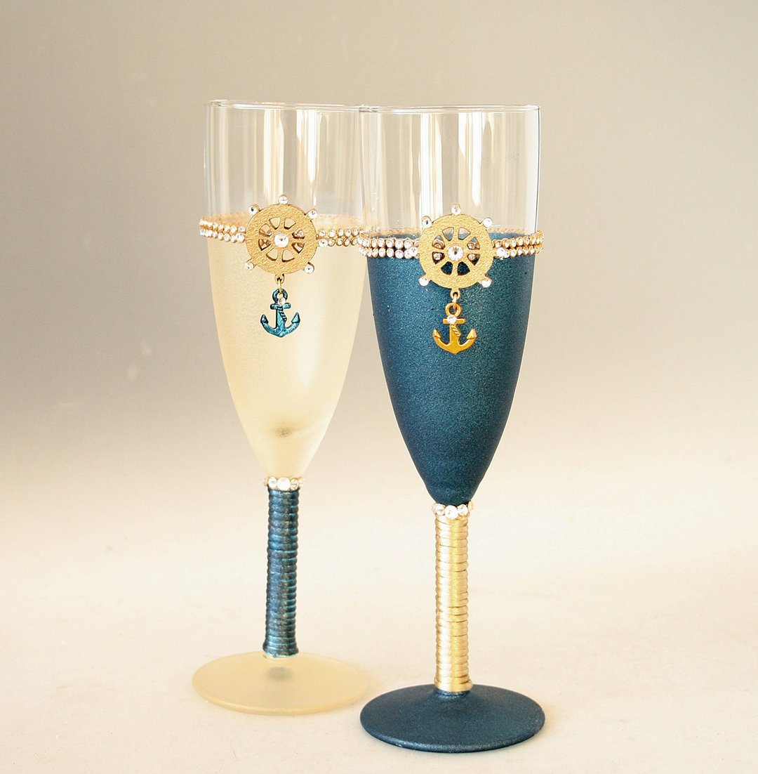 Beach Wedding Nautical Champagne Glasses Gold and Navy Marine Design Set of 2 - 酒杯/酒器 - 玻璃 金色