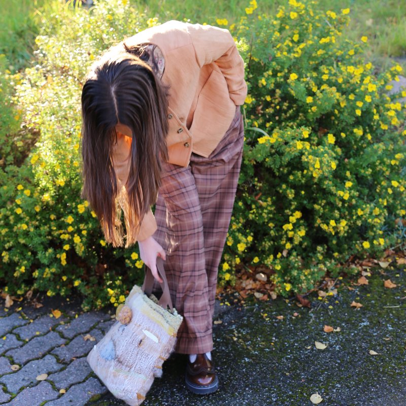 秋田 人棉混纺咖色格子阔腿长裤 - 女装长裤 - 棉．麻 