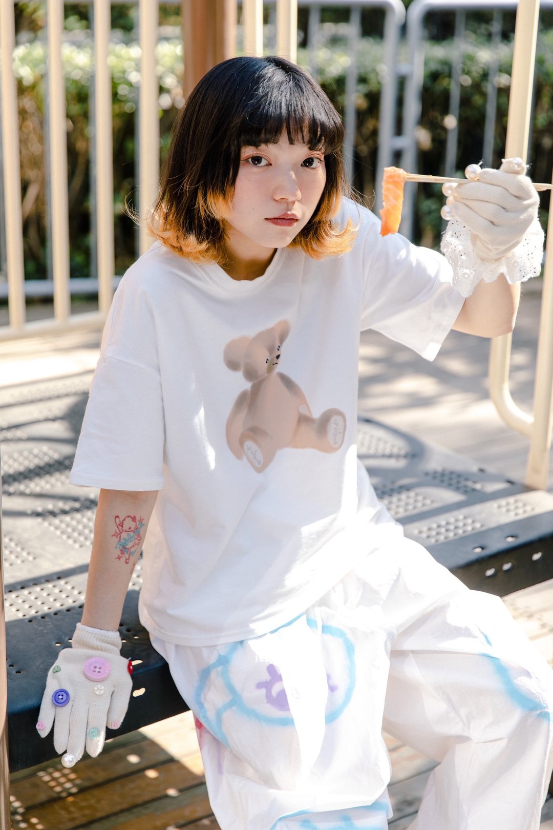 Meugler牛稠岛 复古玩具 复古呆熊印花半袖衫 烫印 夏日T恤 - 女装 T 恤 - 棉 白色