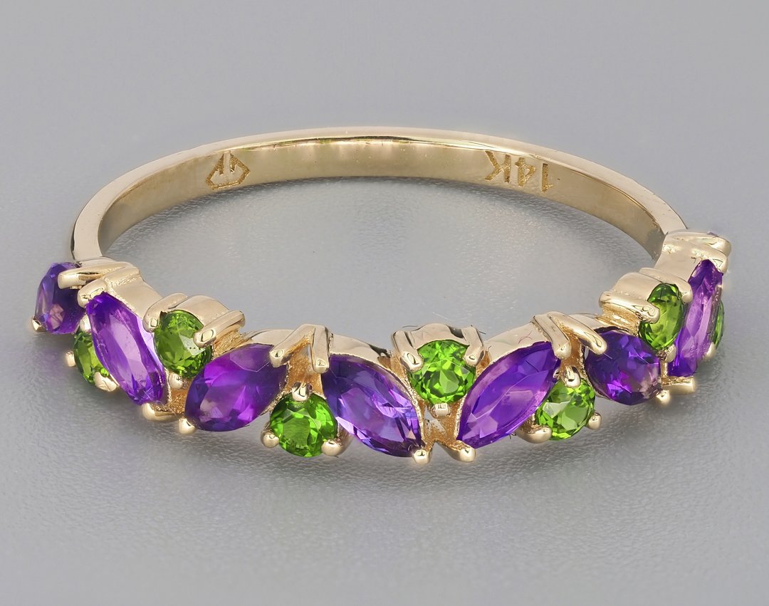 Half eternity ring with natural amethysts and chrom diopsides - 戒指 - 贵金属 金色