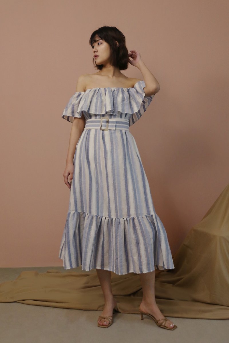 一字肩荷叶边A字大摆度假风连衣裙 露肩 - 洋装/连衣裙 - 棉．麻 蓝色