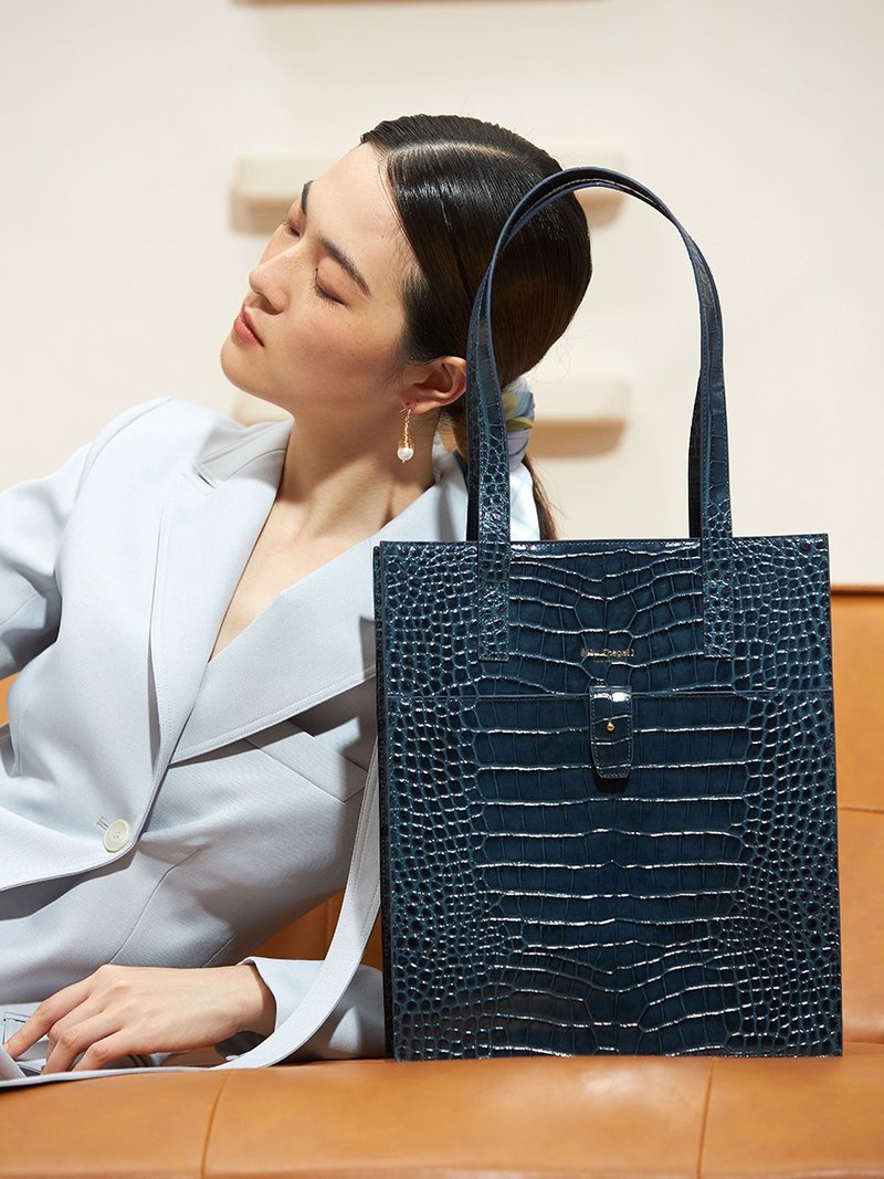 意大利產鳄鱼压纹牛皮 手提单肩包 - 侧背包/斜挎包 - 真皮 蓝色