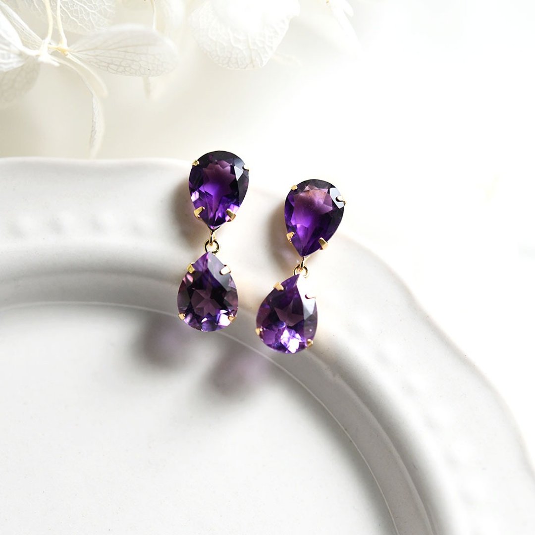 Love Fulfillment Love Guardian Stone K18 Gold Drop Amethyst Stud Earrings February Birthstone - 耳环/耳夹 - 其他金属 紫色