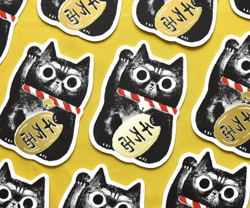 芝麻招财猫 手工绢印卡片 - 卡片/明信片 - 纸 黑色