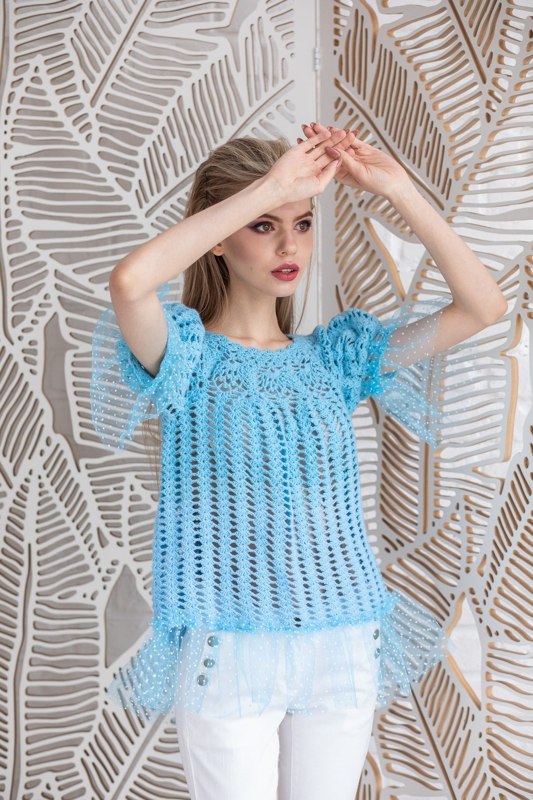 Crochet Blue Top Jumper. Hand Knitted. High-quality handmade. - 女装上衣 - 其他材质 蓝色