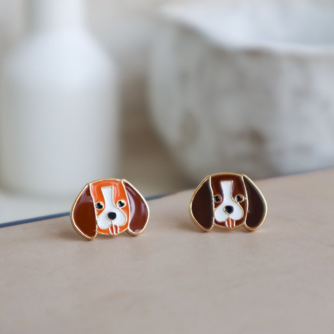 米格鲁小猎犬 Beagle 夹式 - 耳环/耳夹 - 珐琅 咖啡色