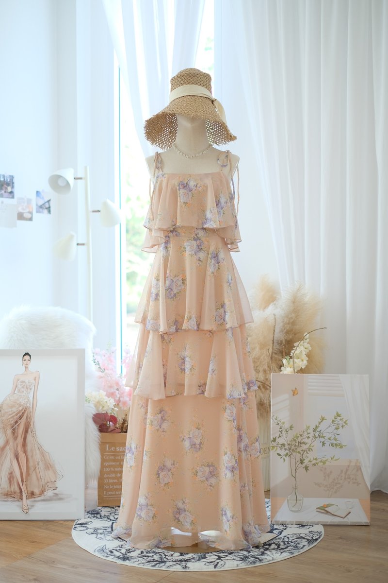 细肩带连身裙，碎花长裙，夏季，伴娘服，海边度假洋装 - 洋装/连衣裙 - 聚酯纤维 橘色