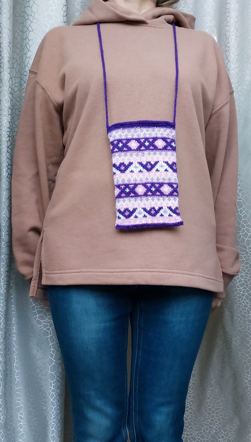 Knitted Purple Phone or Document Case with Jacquard Pattern, Neck Bag - 手机壳/手机套 - 羊毛 紫色