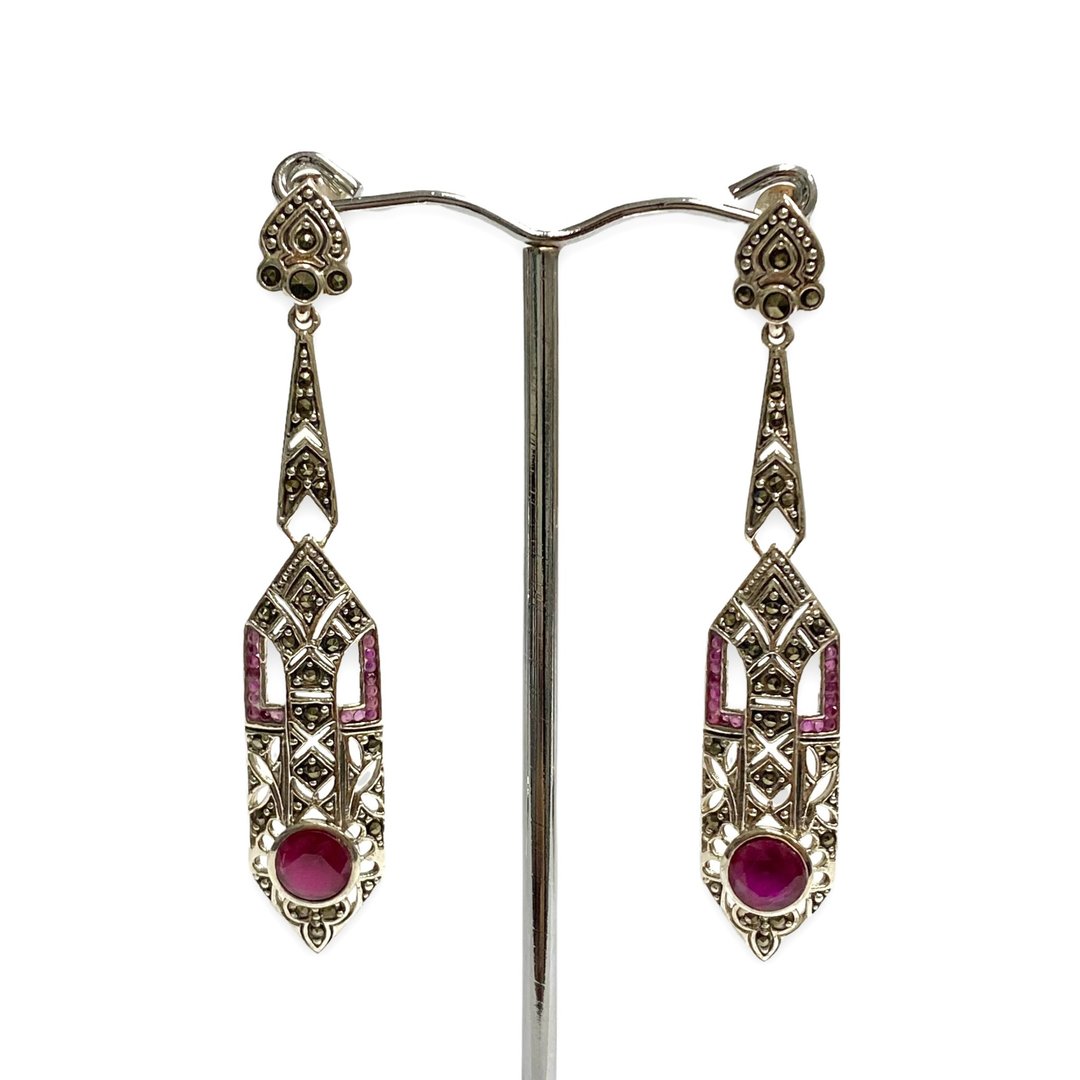 Art Deco Style Ruby with Marcasite Stone Long Drop Earrings 925 Sterling Silver - 耳环/耳夹 - 纯银 红色