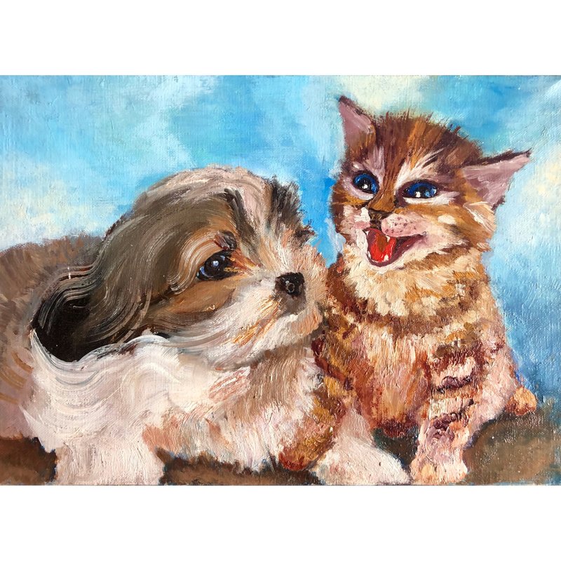 小猫小狗/手工油画/猫画/搞笑宠物肖像 - 海报/装饰画/版画 - 棉．麻 