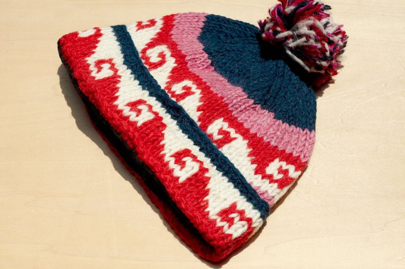 圣诞节礼物 手工编织纯羊毛帽/ 编织帽 / 针织毛帽 / 内刷毛手织毛帽 / 毛线帽 - 海浪图腾对比色 - 帽子 - 羊毛 多色