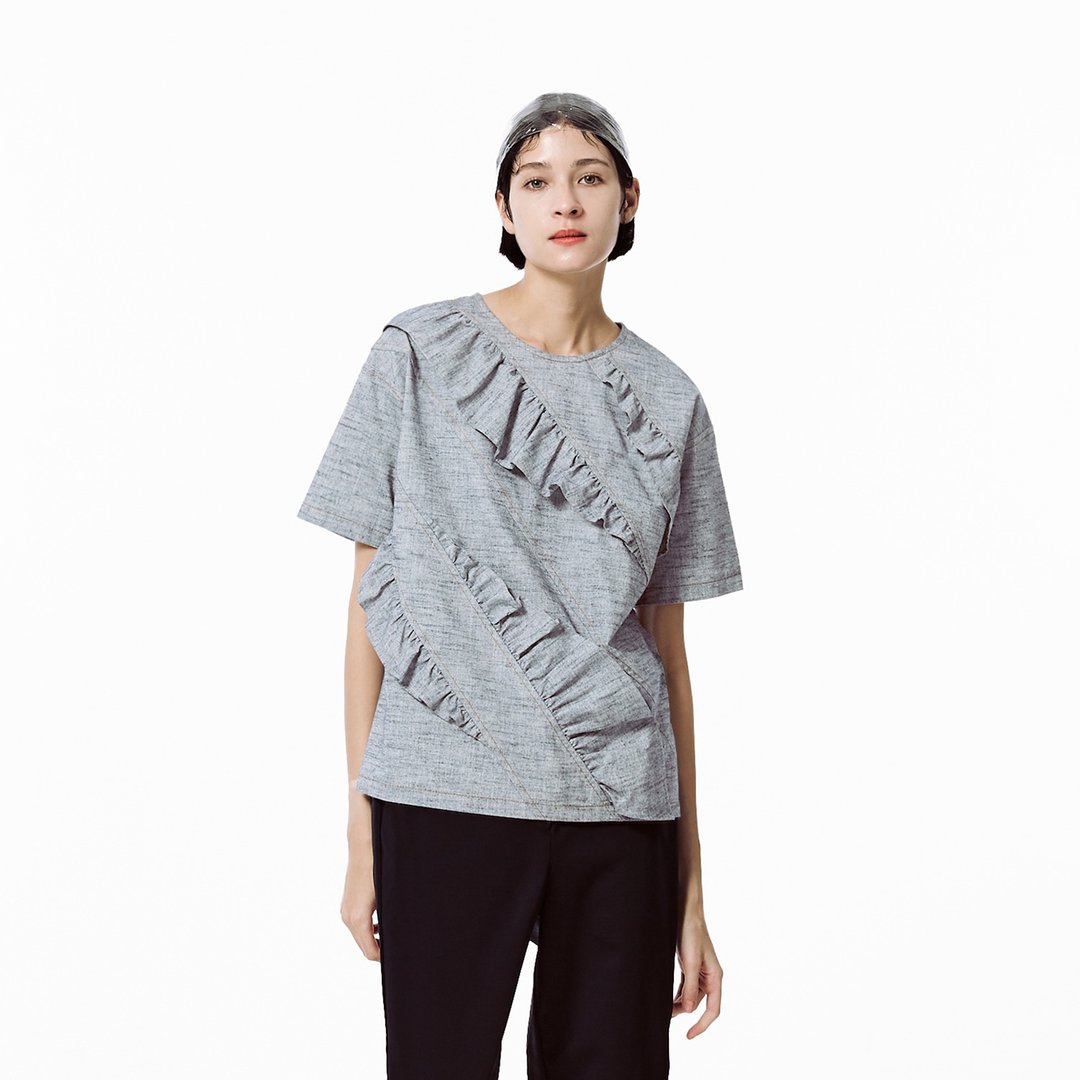 滚滚斜向荷叶短袖上衣 - 女装上衣 - 棉 蓝色