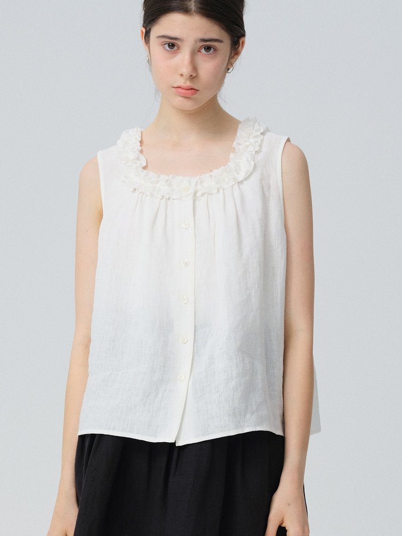 白色花边领水洗亚麻A型宽松夏日凉爽小背心 - 女装背心 - 棉．麻 紫色