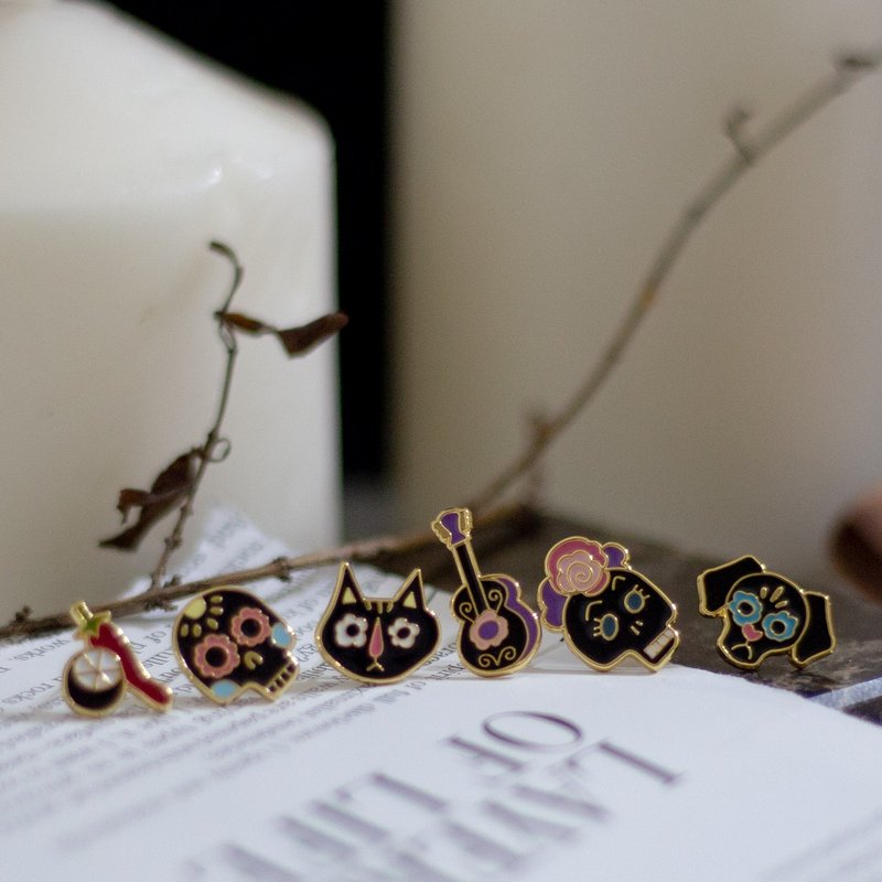 骷髅头 亡灵节 全系列 收藏 万圣节 夹式耳环 礼物 猫咪 狗狗 - 耳环/耳夹 - 珐琅 黑色