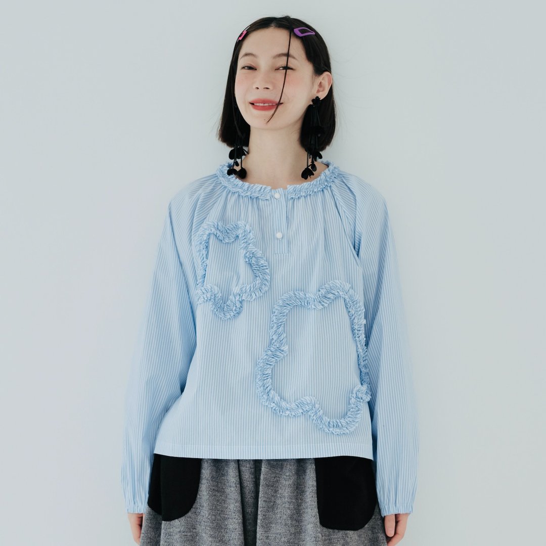 蓝色条纹缀花棉衬衫 / 上衣 亲子装 - 女装上衣 - 棉 蓝色