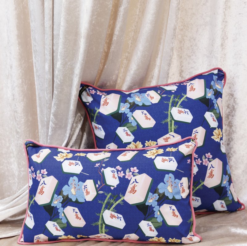 YI-MING 麻将印花靠垫套 - 蓝色 - 枕头/抱枕 - 棉．麻 