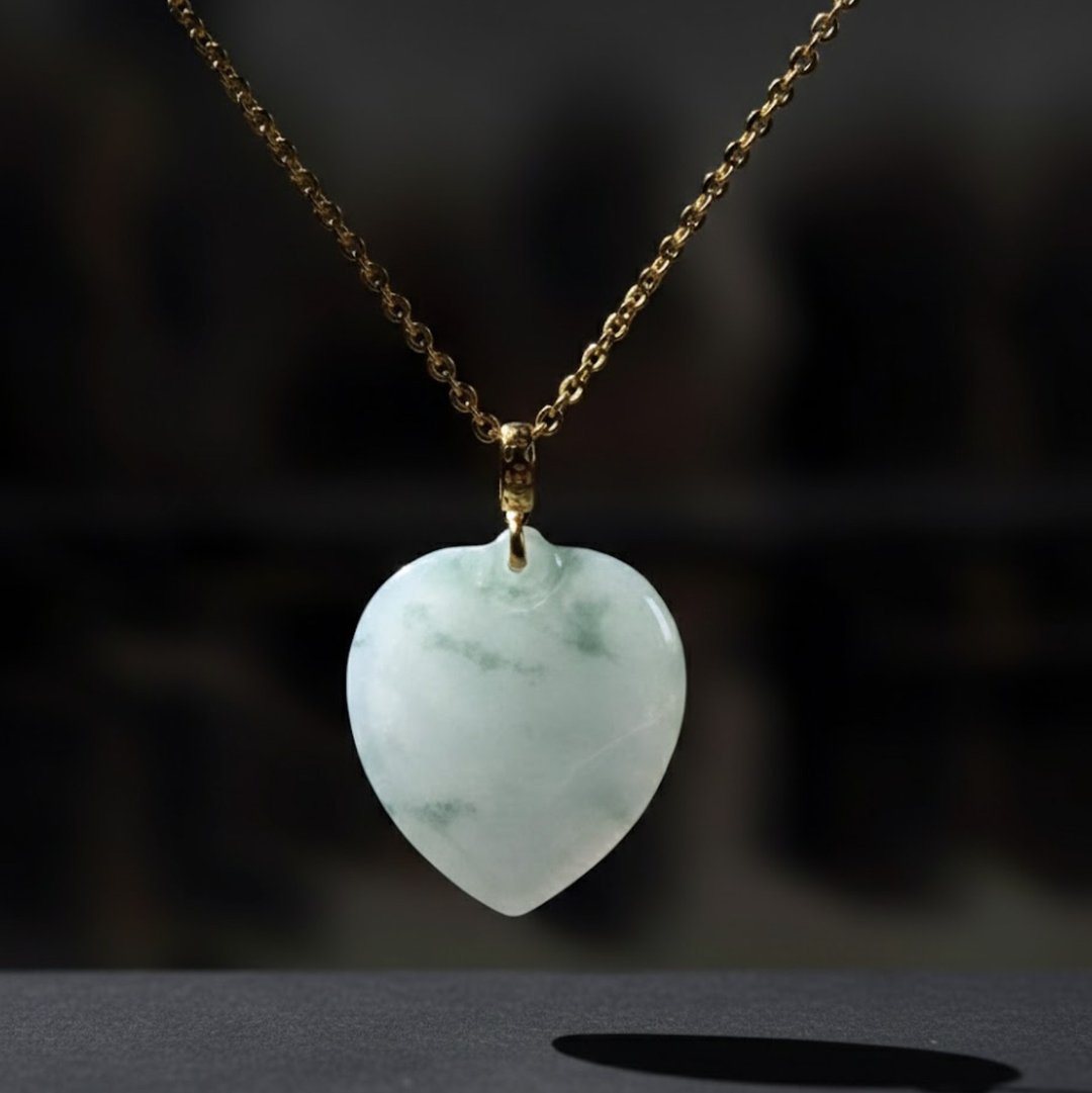 冰种飘花翡翠爱心项链 18K 金坠头 | 天然缅甸玉翡翠 A 货 | 送礼 - 项链 - 玉石 透明