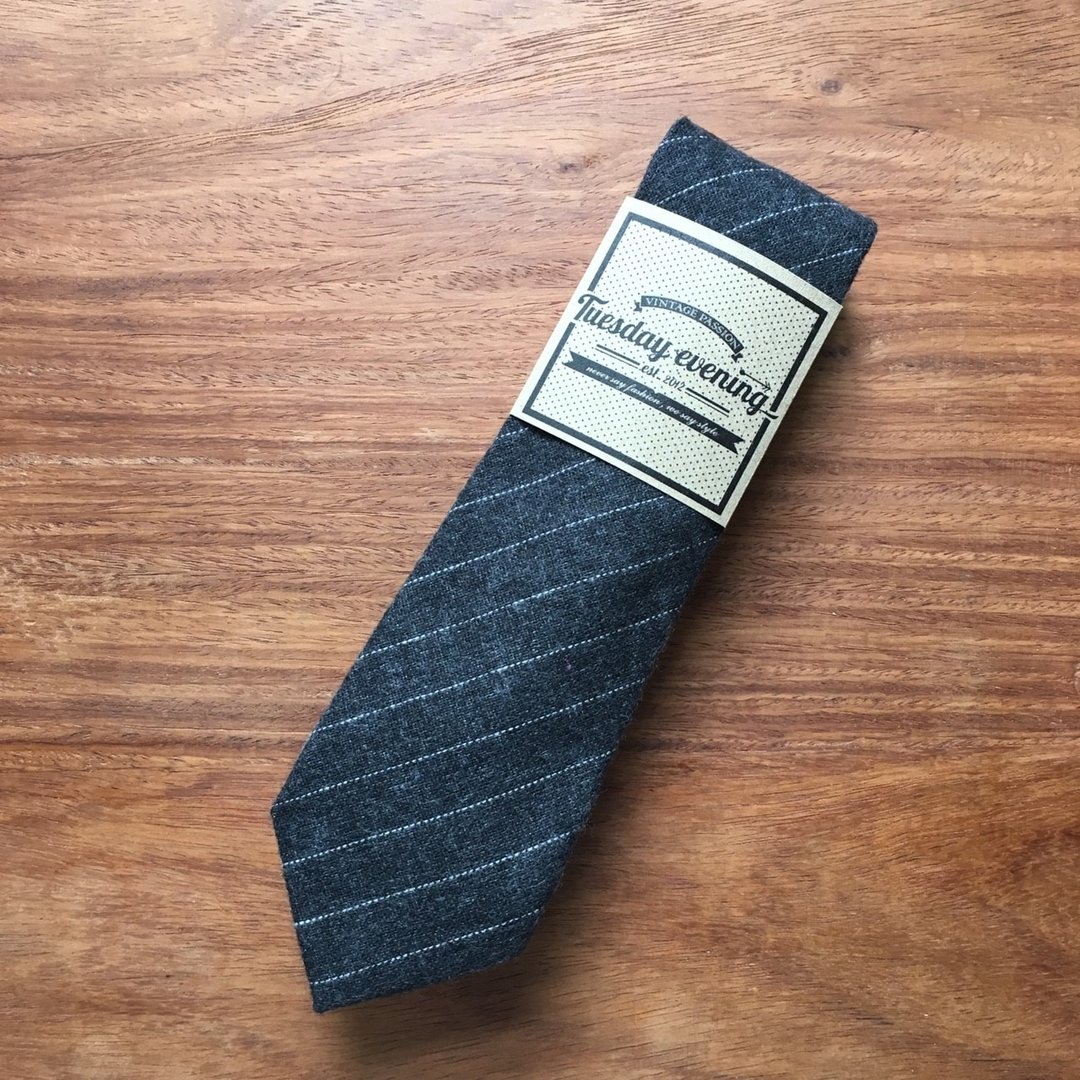 Necktie Dark Grey Stripe - 领带/领带夹 - 棉 灰色