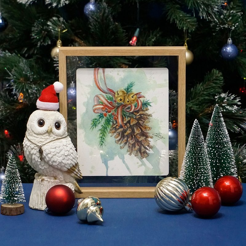 【圣诞松果】绘画原作 |耶诞饰品泼墨水彩金箔画作 - 海报/装饰画/版画 - 纸 绿色