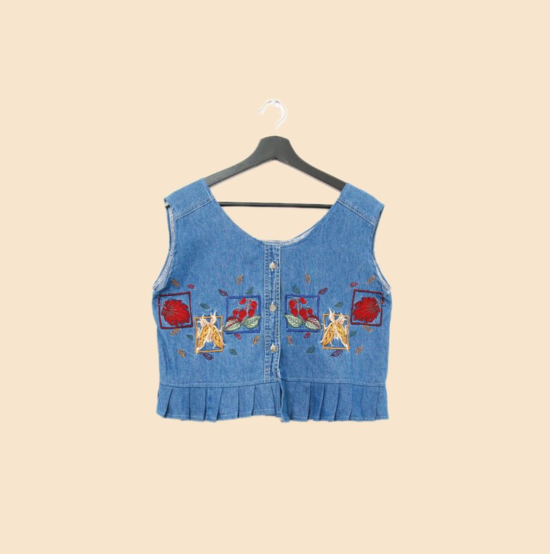 Back to Green-丹宁刺绣背心 枫叶 玉米 框 dv-36//vintage vest - 女装背心 - 棉．麻 