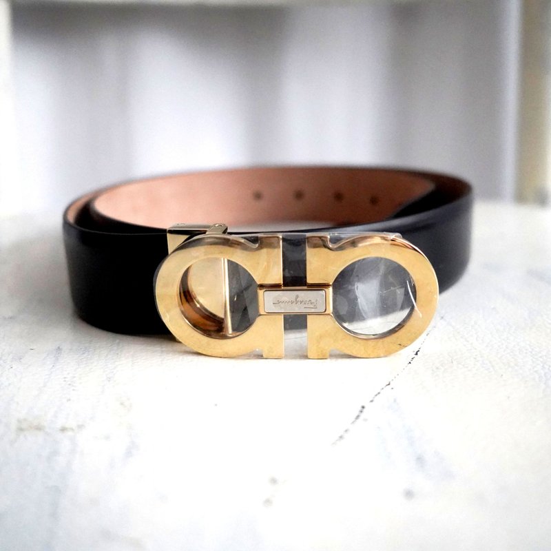 全新Salvatore Ferragamo黑色金扣巨型LOGO真皮皮带 上班西装西裤 - 皮带/腰带 - 真皮 黑色