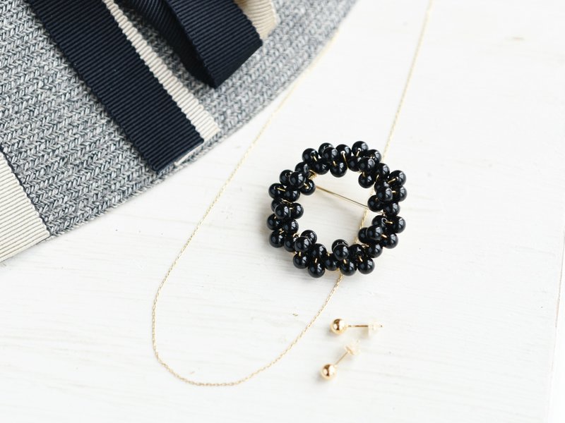 [胸针/S 尺寸]黑玛瑙别致的黑色花环 - 胸针 - 半宝石 黑色