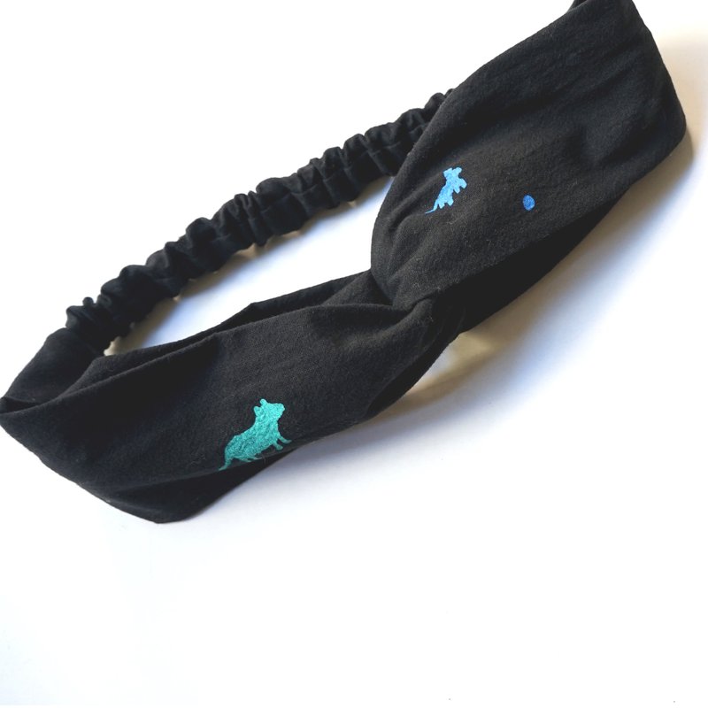 黑色纯棉小狗宇宙手工绢印发带 - 发饰 - 棉．麻 黑色