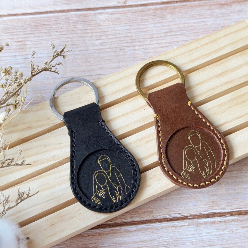 【定制化礼物/情人节礼盒】真皮钥匙圈/锁匙扣/手绘烫金人像画 - 钥匙链/钥匙包 - 真皮 黑色