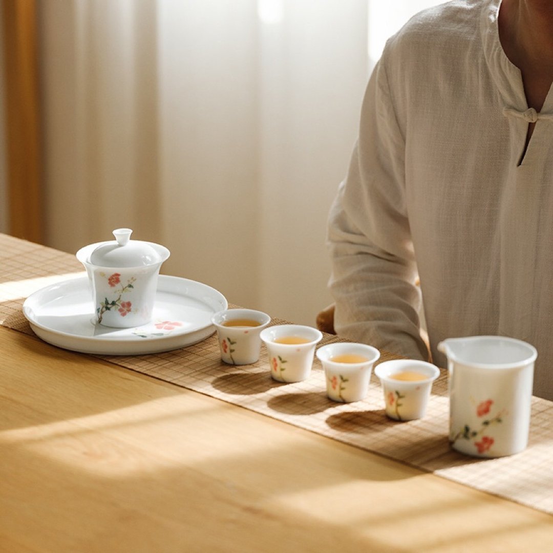 闻说 景德镇纯手绘功夫茶具套装 朱槿迷蝶 - 茶具/茶杯 - 陶 