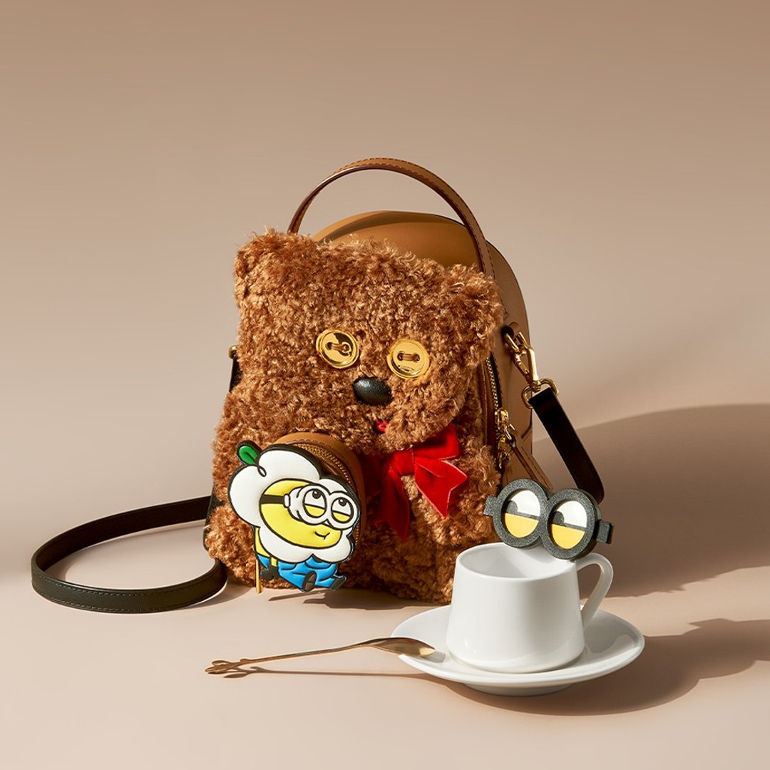 Minions Tim 毛毛皮革背囊 - 后背包/双肩包 - 真皮 咖啡色
