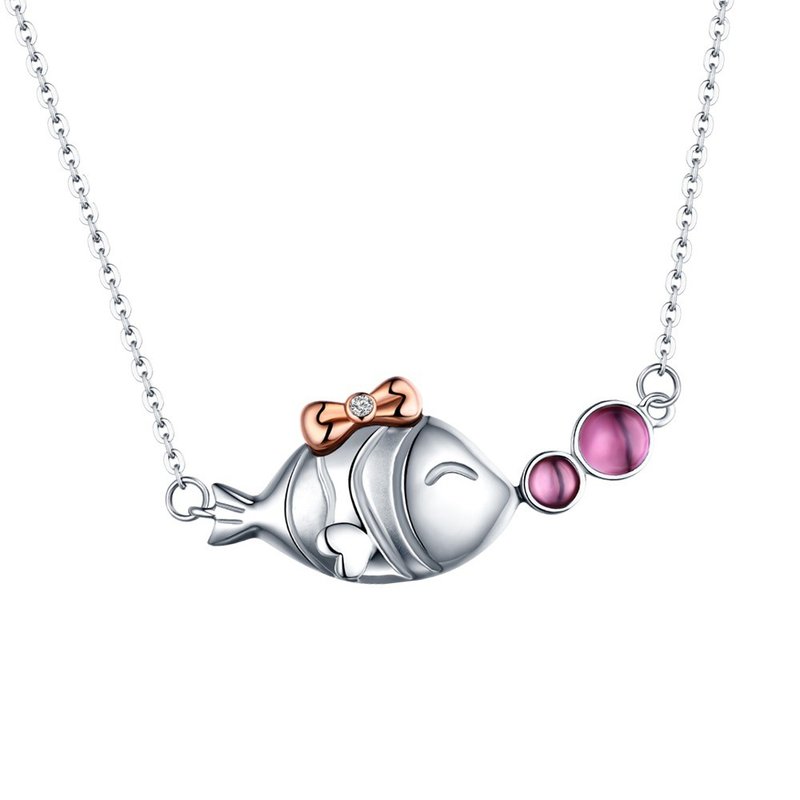 亲亲小鱼 钻石14K金白钢 女项链 - 项链 - 钻石 银色