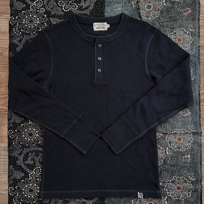 Major Folk│蓝染古布缝标美式亨利领华夫格TEE - 男装上衣/T 恤 - 棉．麻 